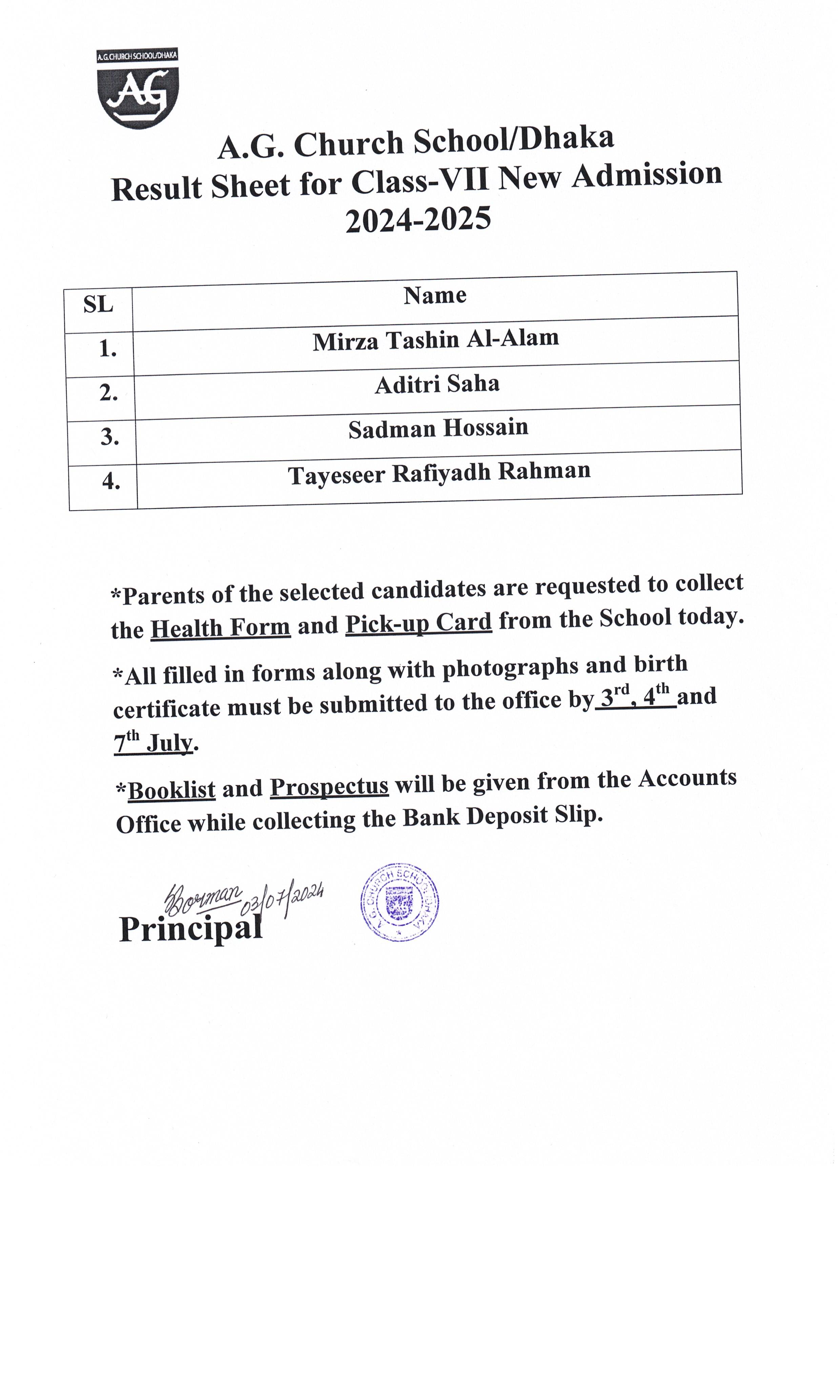 Result Sheet for Class-7 New Admission 2024-2025